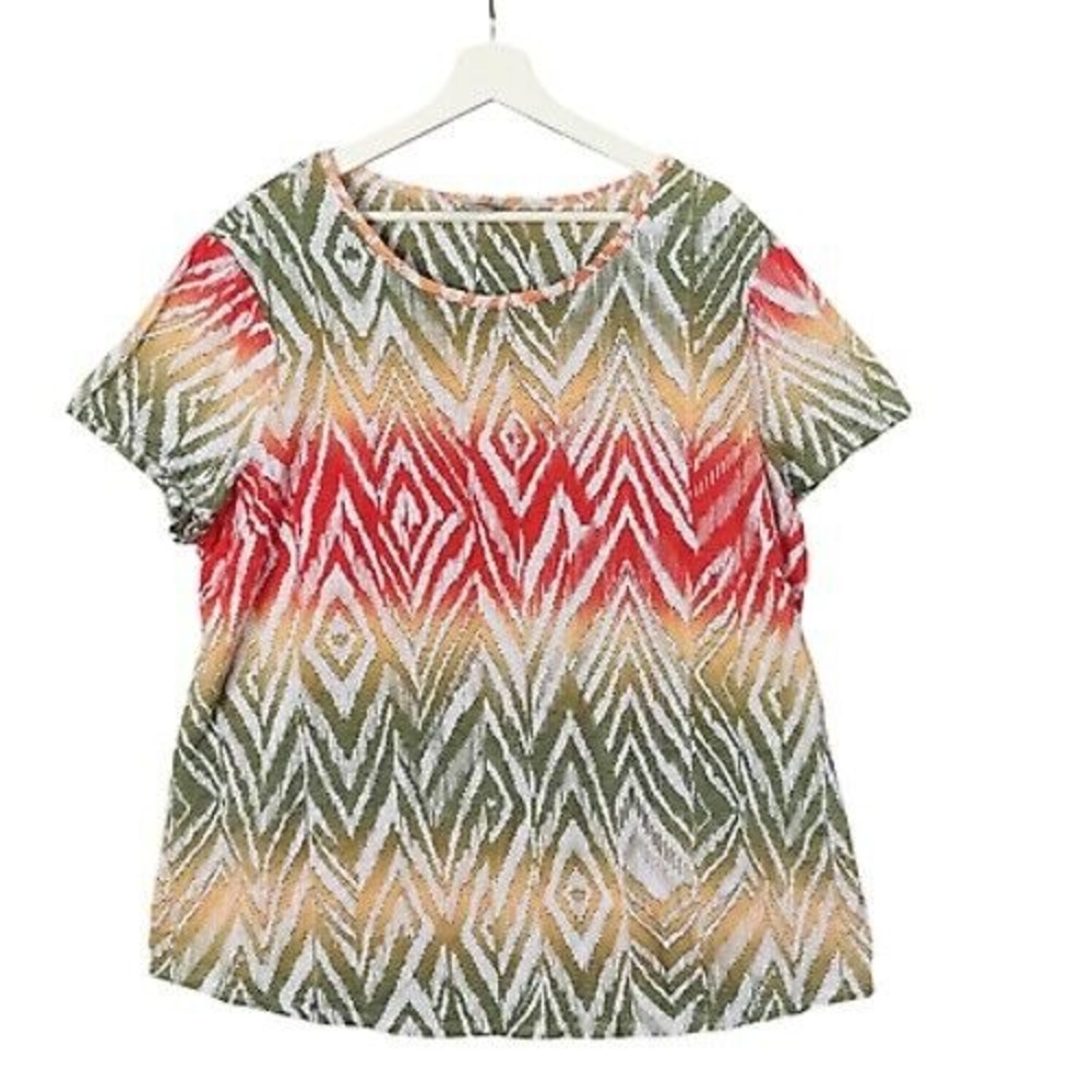 Chicos Zen T-Shirt Diamond Print Short Sleeve Multicolor Top Womens Size 3 US XL